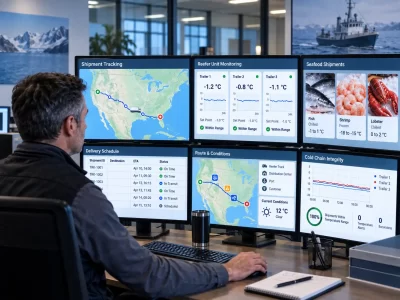 Freight broker monitoring real-time tracking for seafood shipping