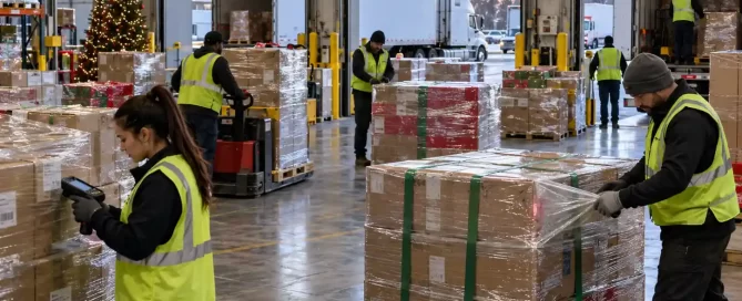 Warehouse preparing holiday freight for peak season logistics
