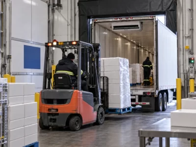 Refrigerated truck loading seafood shipments for cold chain transportation