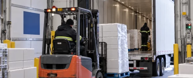 Refrigerated truck loading seafood shipments for cold chain transportation