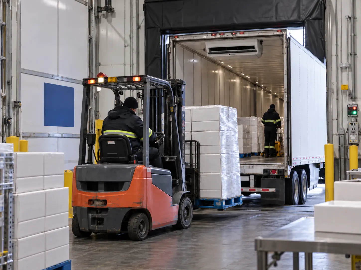 Refrigerated truck loading seafood shipments for cold chain transportation